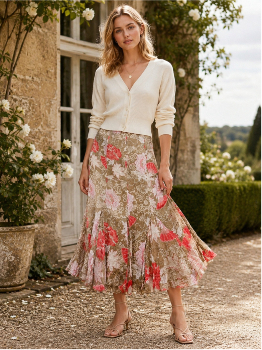 Silk Maxi Skirt Women US 8 Olsen Floral Godet Flowy Cottagecore Bloomcore Taupe